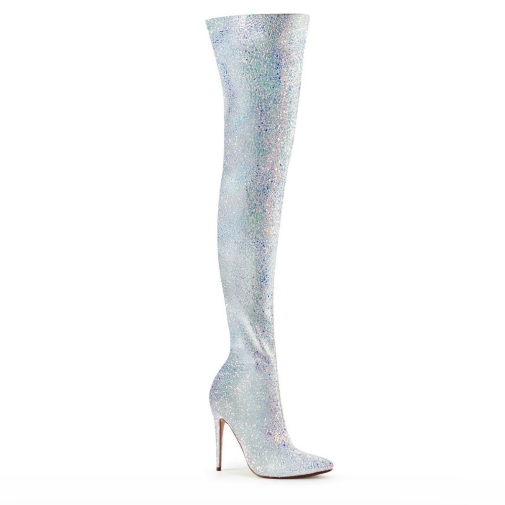Pleaser Courtly thigh high boots in white glitter